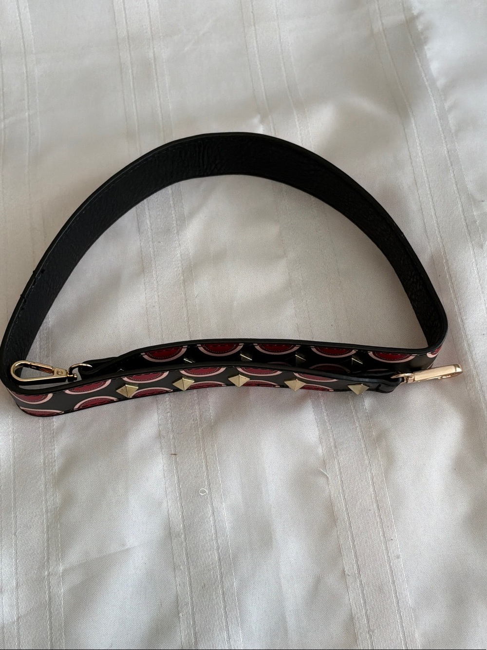 Faux Leather Shoulder Strap with Stud and Circle Print - Black & Red 36” long